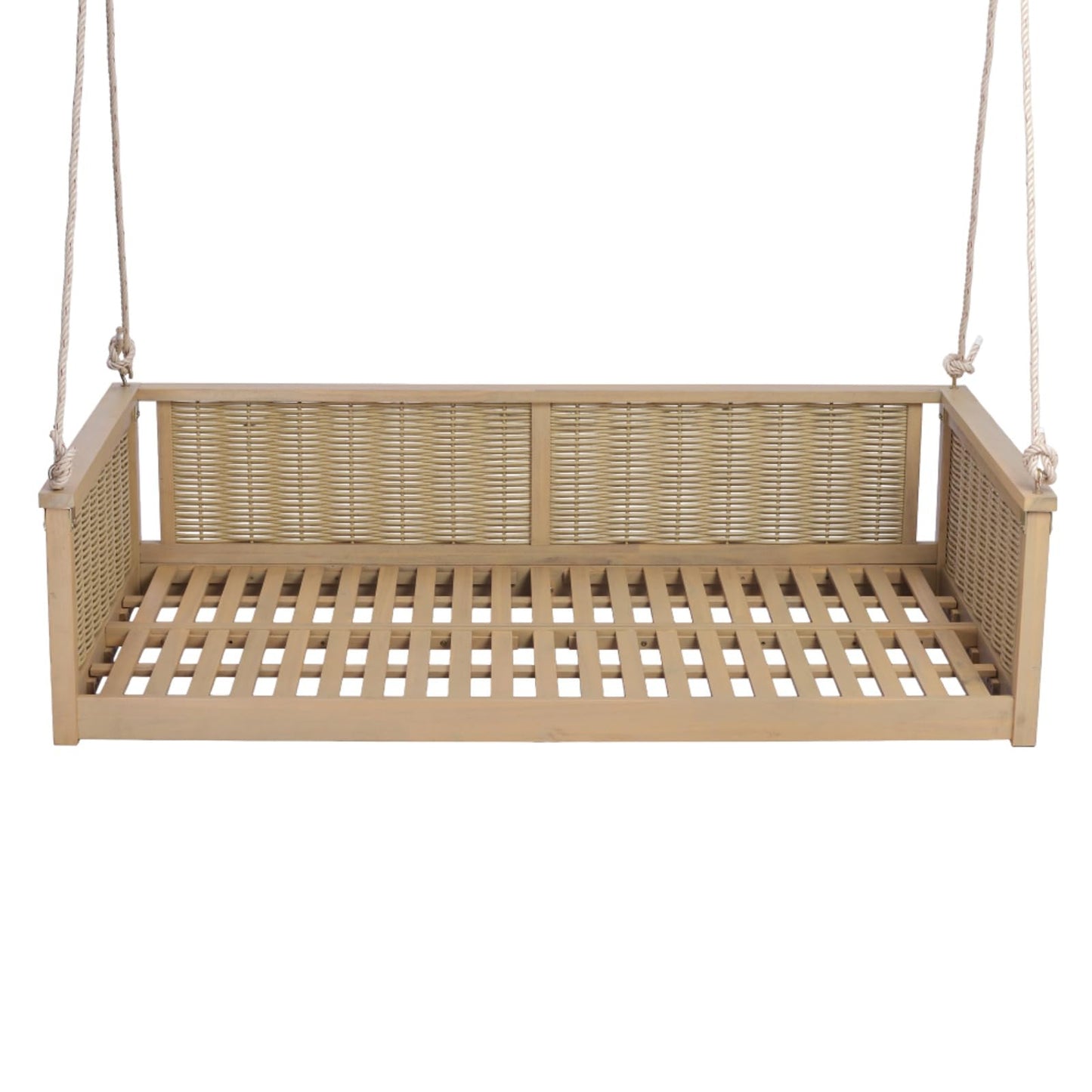 Outdoor Twin Size Porch Swing Bed w/Solid Wood Frame for Garden, All Weather Wooden Swing Bench w/Hand Woven Rattan Backrest & Armrest for Patio, Deck, Balcony, Backyard (Light Teak)
