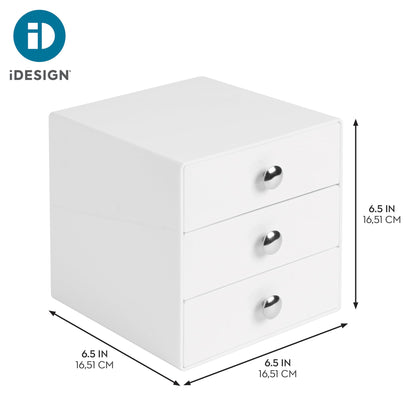 iDesign 3-Drawer Plastic Vanity Organizer, Compact Storage Organization Drawers Set for Cosmetics, Dental Supplies, Hair Care, Bathroom, Dorm, Desk, Countertop, Office, 6.5" x 6.5" x 6.5", White