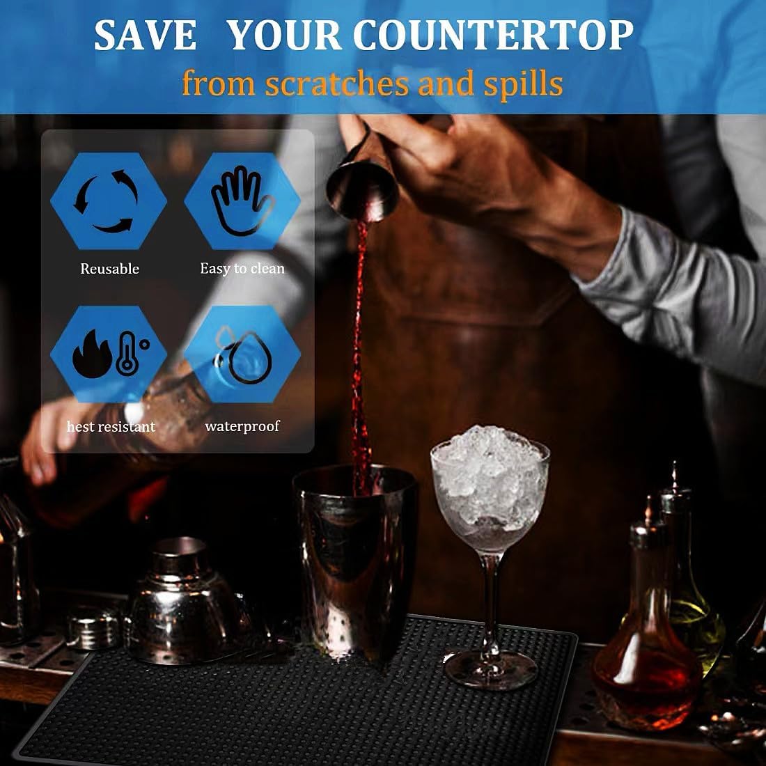 Bar Mat 12" x 6", Rubber Spill Mat for Cocktail Bartender Set of 2, Coffee Bar or Countertop Glass Drying Mat (Black)