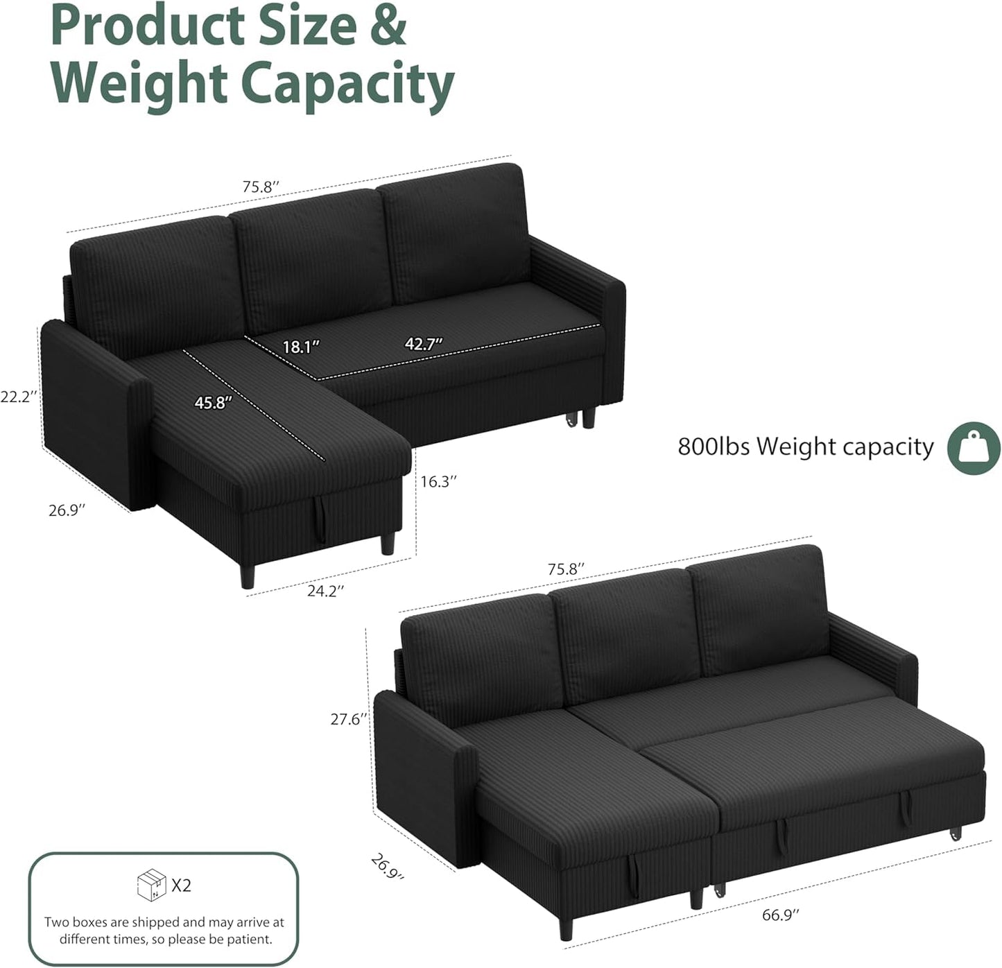 Shintenchi Futon Sofa Bed Convertible Couches L Shaped, 4‑in‑1 Sectional Sleeper Sofa Pull Out Couches for Living Room, Multifunctional Couch with Storage Chaise Corduroy Fabric, Black