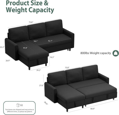 Shintenchi Futon Sofa Bed Convertible Couches L Shaped, 4‑in‑1 Sectional Sleeper Sofa Pull Out Couches for Living Room, Multifunctional Couch with Storage Chaise Corduroy Fabric, Black