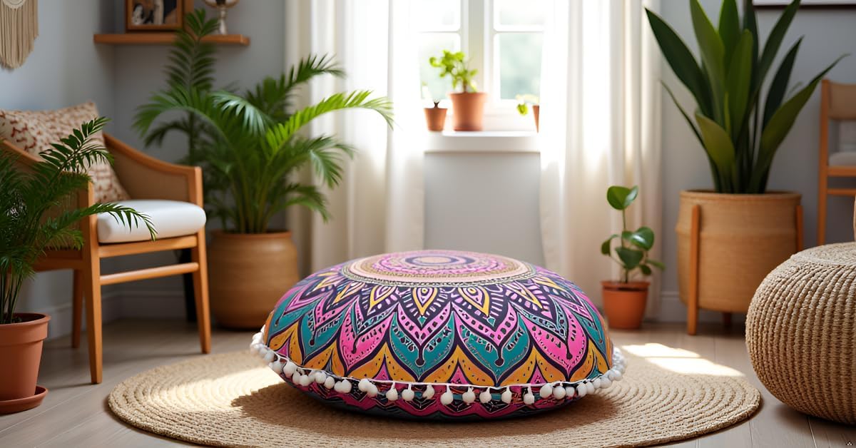 22 Inches Round Mandala Floor Pillow Cover Seating Cushion Throw Cover Ottoman Pouf Cover Pom Pom Pillow Cases Hippie