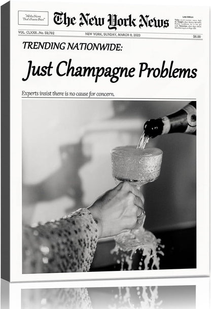 hottaacanvas 12x16 Champagne Problems Newspaper Framed Wall Art,Trendy Retro Black and White Wall Art for Bar Cart
