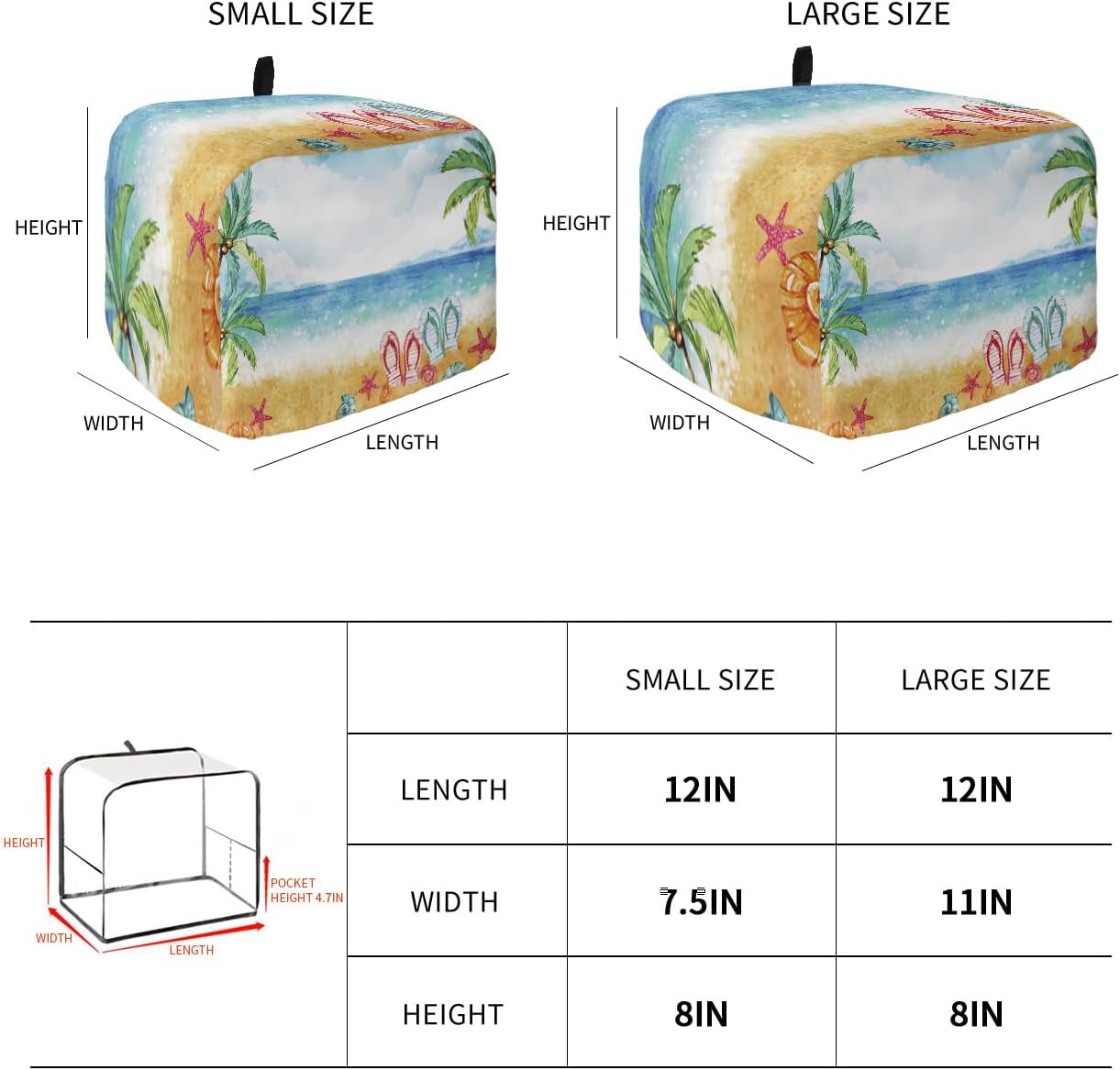 Toaster Dust Cover with Pockets, Watercolor Beach Coconut Tree Design, Soft Washable 4 Slice Dust-proof Cover
