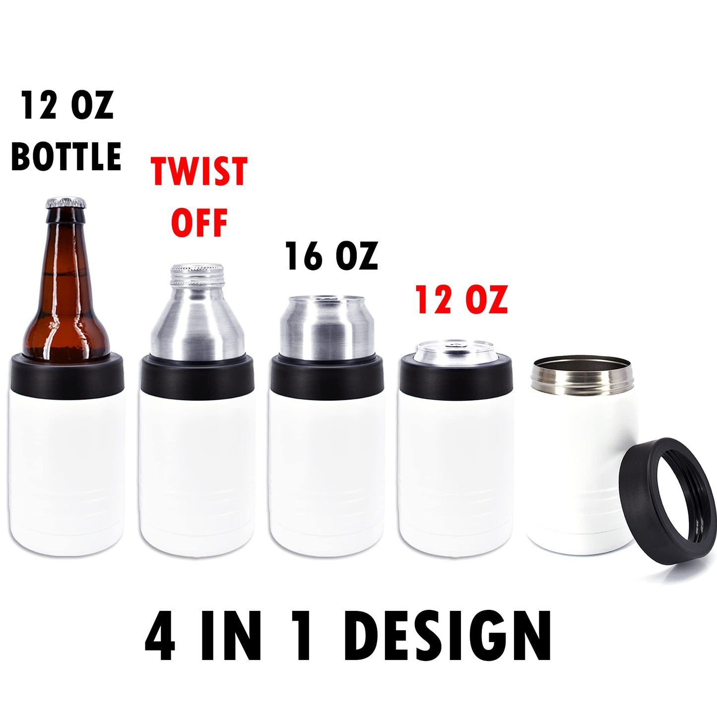 Clear Water Home Goods - 12 oz Stainless Steel Double Wall Vacuum Insulated Can or Bottle Beverage Cooler - Powder Coated White - 6 Pack