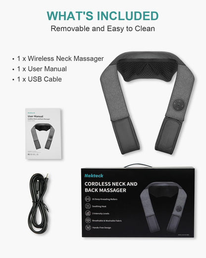 Nekteck Cordless Neck and Back Massager for Pain Relief Deep Tissue, Shiatsu Neck Massager with Heat, Portable Massage Pillow for Shoulder, Leg, Body Muscle, Home, Office, Car, for Men Women