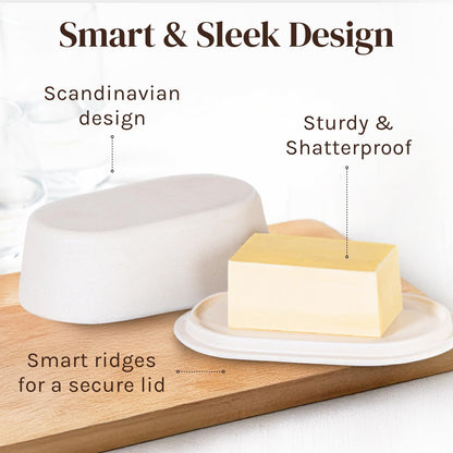 Eco Modern Bamboo Fiber Butter Dish with Lid - White Butter Crock Holder for Kerrygold, Dishwasher Safe