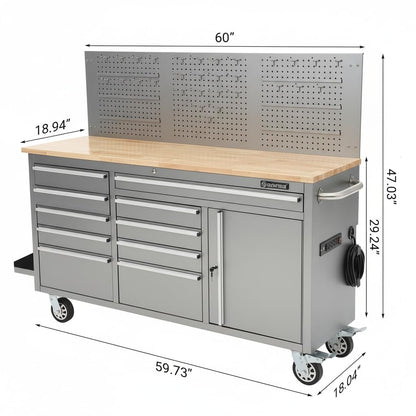 GAOMON 61-inch Rolling Tool Chest, 10 Drawers Garage Workbench Storage Tool Cabinet with Power Strip, Solid Rubber Wood Top, 1675 LBS Load Mobile Workstation, Heavy Duty Rolling Cabinet, Silver