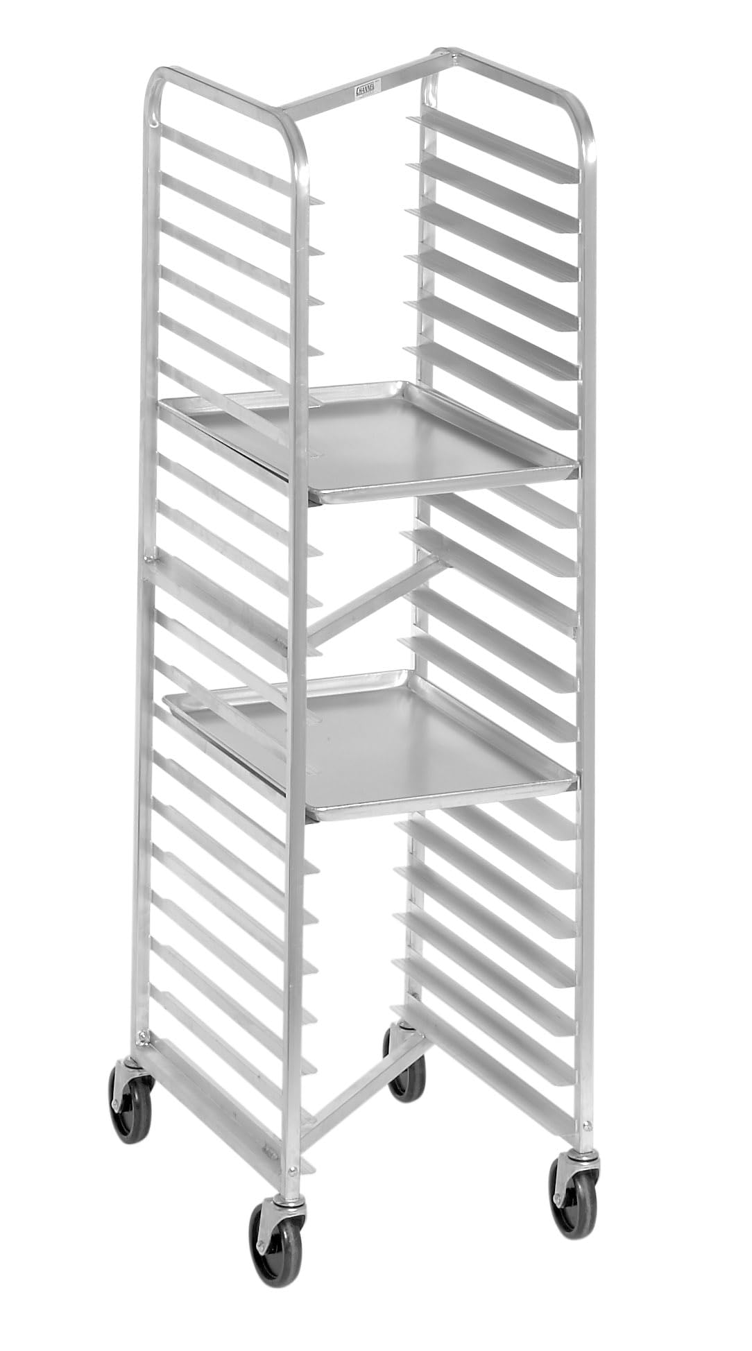 Channel 401AN Bun Pan Rack, Nesting, Standard Heavy-duty Series, Aluminum Construction, End Load, Holds (20) 18"x26" or (40) 13"x18" Pans, 3" Angle Spacing, 5" Swivel Casters, 20.5"W x 26"D x 70.25"H