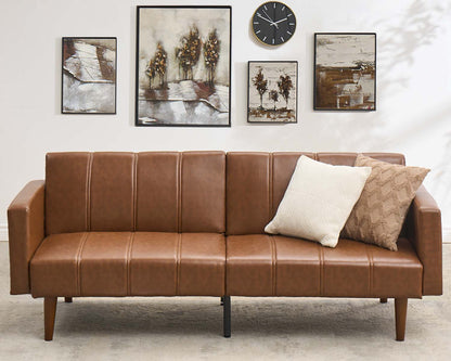 75" Futon Sofa Bed, Mid-Century Modern Futon Couch, Convertible Sleeper Sofa with Adjustable Backrest, Side Pocket, PU Leather Couch for Living Room, Brown