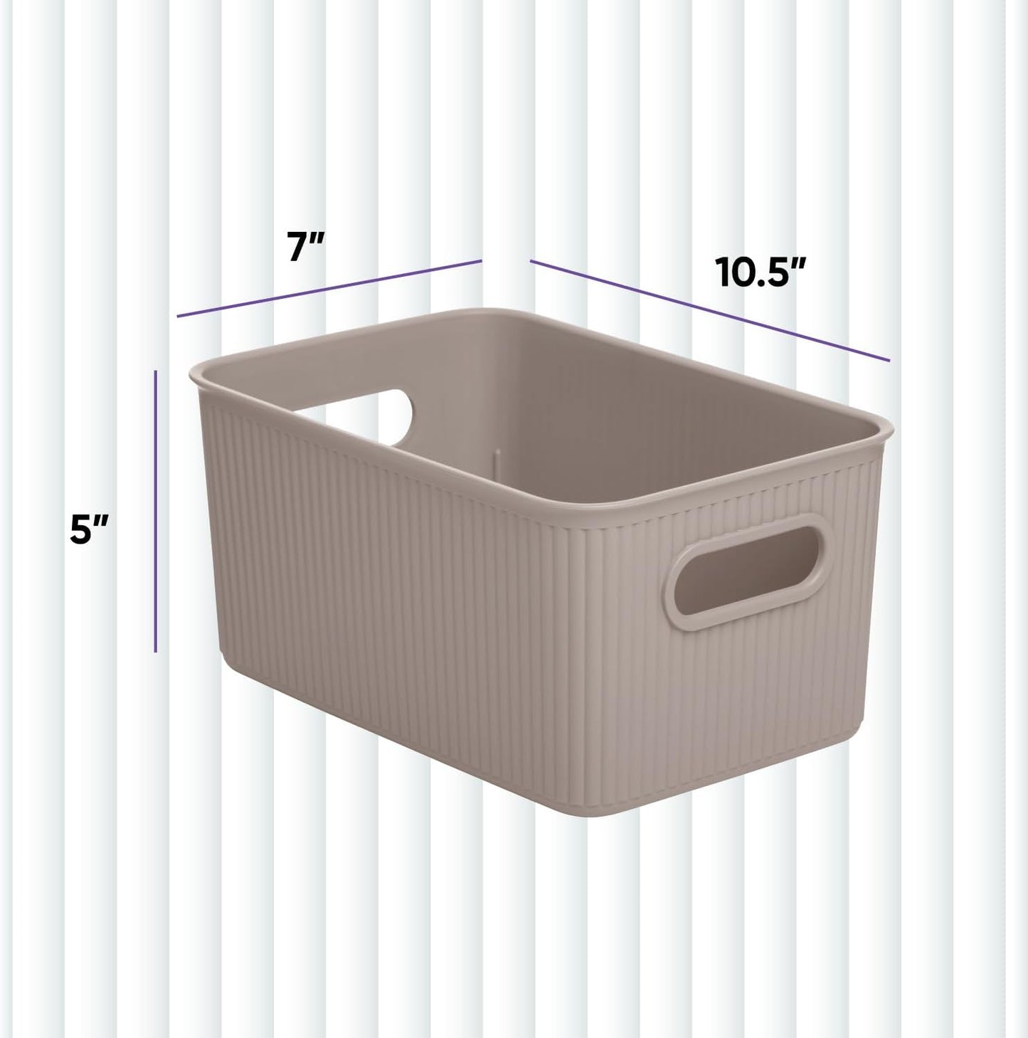 Superio Ribbed Collection - Medium Taupe Decorative Plastic Open Home Storage Bins Organizer Baskets (2 Pack) for