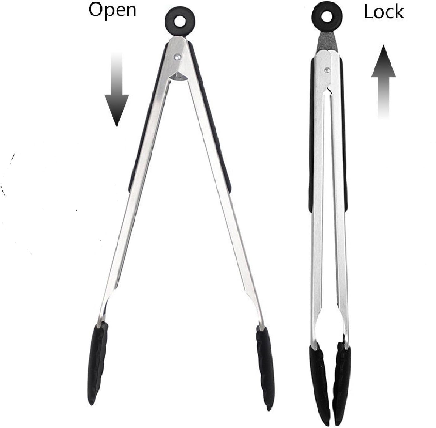 Long Kitchen Grill Tongs, Heavy Duty Stainless Steel with Locking Heat Resistant Non-Stick Silicone Tips
