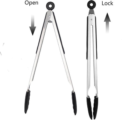 Long Kitchen Grill Tongs, Heavy Duty Stainless Steel with Locking Heat Resistant Non-Stick Silicone Tips