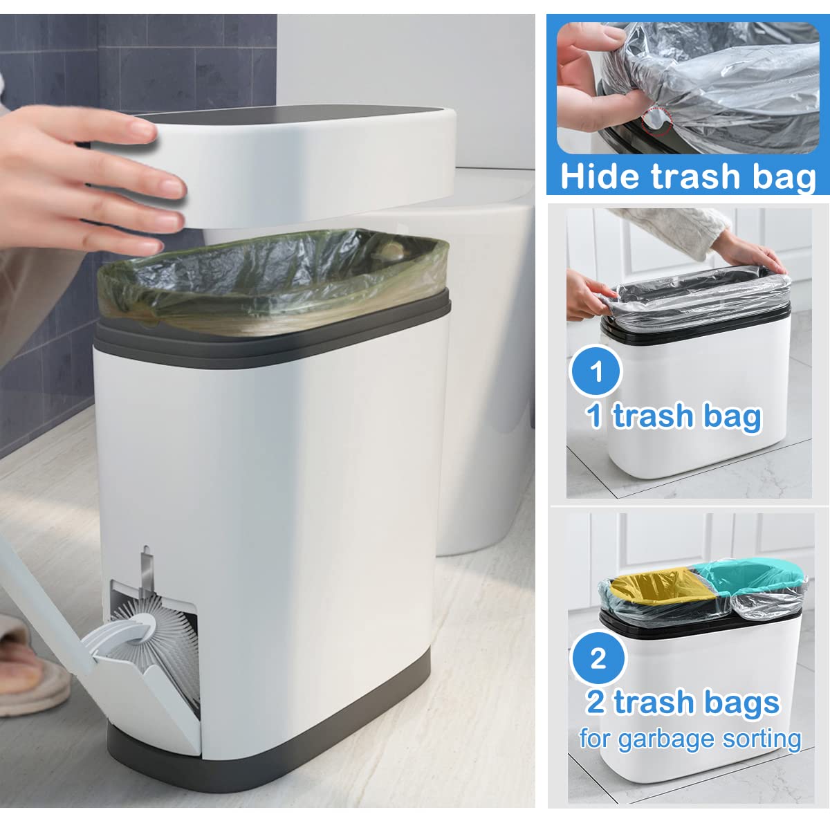 COMODID 3.7 Gallons Bathroom Trash Can and Toilet Brush Set, 14 Liter Slim Trash Can with Toilet Brush Holder Set for RV, Black lid
