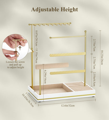 Emibele Jewelry Holder, Jewelry Organizer Stand Necklace Earrings Bracelet Holder, 5 Tier Jewelry Display Tower Rack with Metal Frame and Velvet Ring Tray, Aesthetic Jewelry Stand Gift for Women, Gold