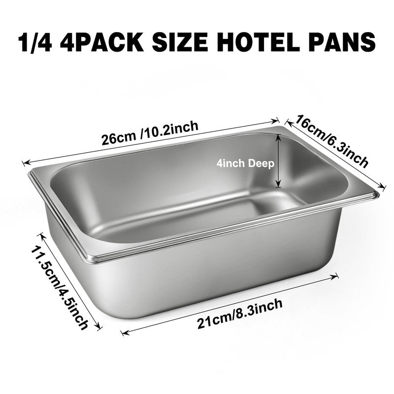West Bay 4 Pack 1/4 Size Hotel Pan with Lids, 4'' Deep Steam Table Pan with Lid, 10.2''L x 6.3''W Stainless Steel Pans for Home, Party, Hotel, Buffet