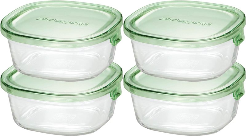 iwaki KC3240N-G Heat-resistant Glass Storage Container, Green, Square Shape, 15.9 fl oz (450 ml) x 4 Pieces, Rice, 1 Pair Pack & Range