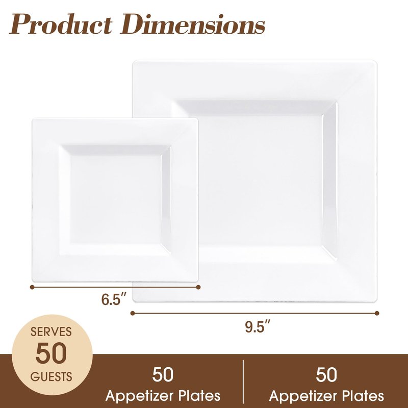 Pryntono 100 Pack White Square Plastic Plates, Includes 50 Dinner Plates 9.5" and 50 Dessert Plates 6.5", Heavy Duty Disposable Plates for Wedding, Holiday Party, Birthday, White