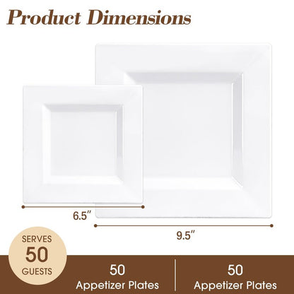 Pryntono 100 Pack White Square Plastic Plates, Includes 50 Dinner Plates 9.5" and 50 Dessert Plates 6.5", Heavy Duty Disposable Plates for Wedding, Holiday Party, Birthday, White