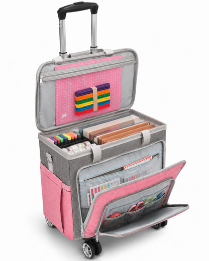 FINESUN Rolling Teacher Tote Bag with Wheels Craft Storage Organizer Bag, Portable Wheeled Craft Cart for Teacher Art Office Scrapbook Supplies, Heavy Duty Multi-Purpose Rolling Tote Pink