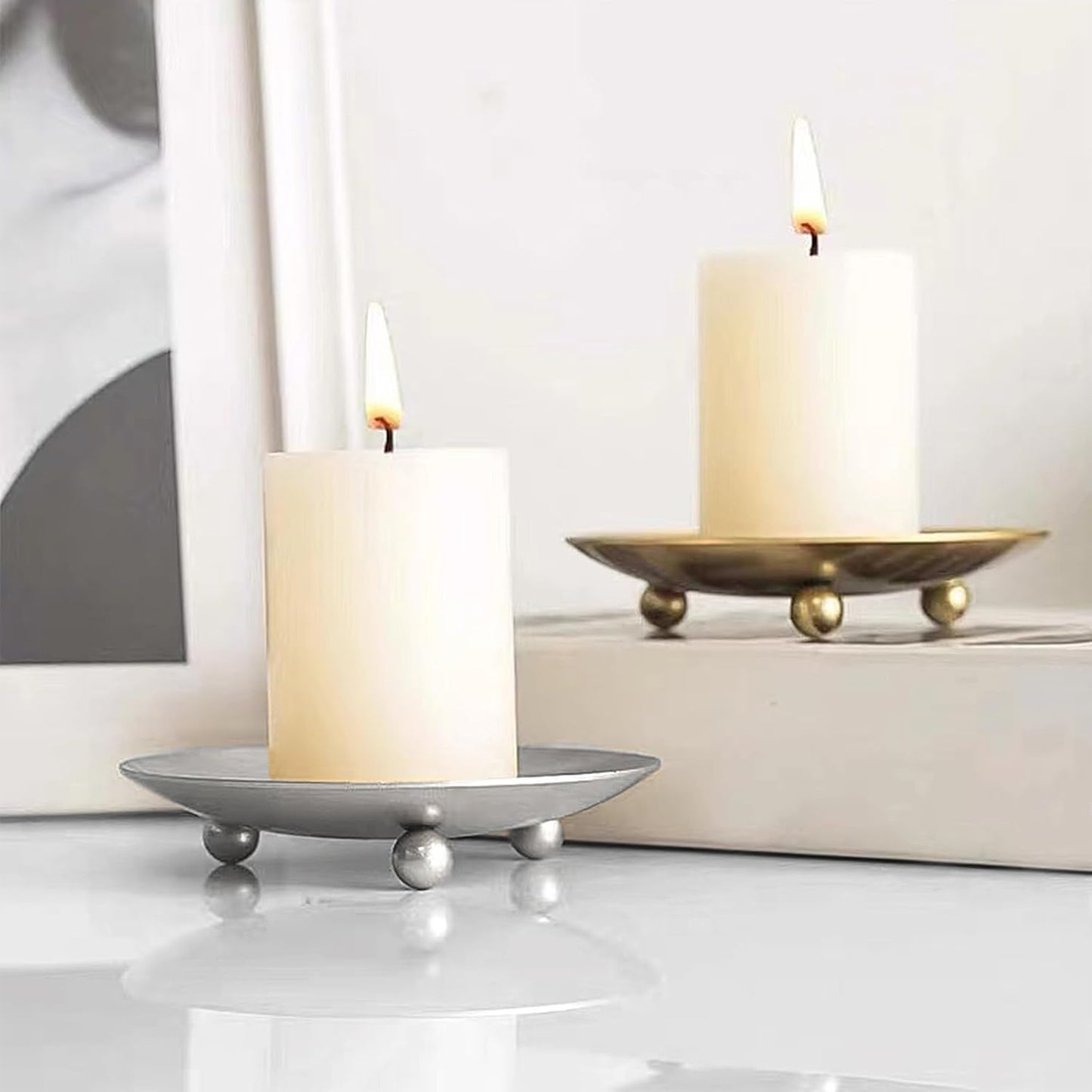 Set of 3 Decorative Iron Plate Candle Holders, 4.33x0.78inch for LED & Wax Candles, Spa & Wedding Decor
