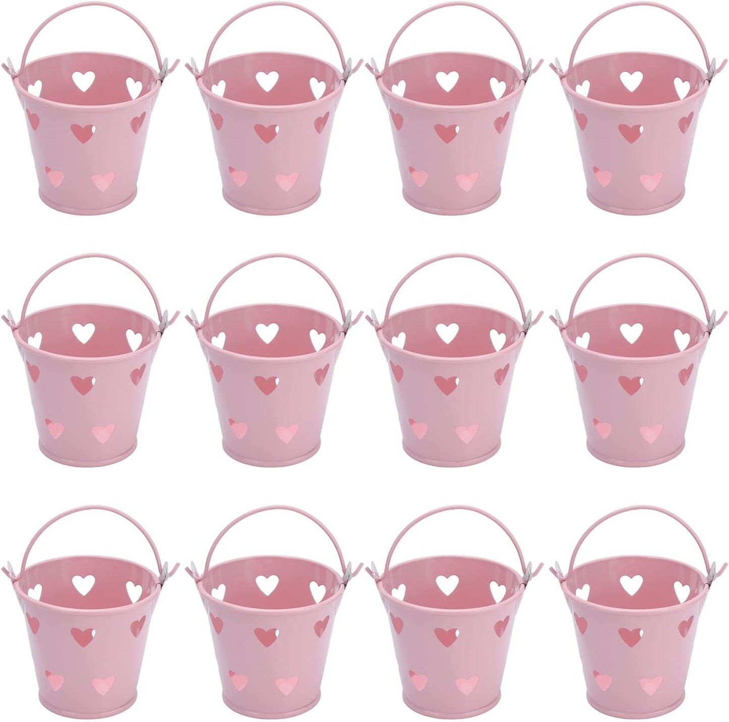 Tinplate Metal Bucket with Handle, 12pcs Mini Hollow Love Candy and Snack Storage Tin Bucket for Gardening Crafts, Home