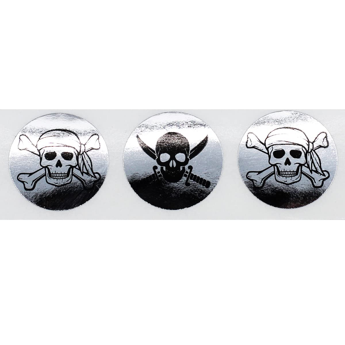 Silver Skull and Crossbones Stickers - 3/4 Inch Round, 100 Metallic Labels Per Roll for Packaging, Crafts, Halloween, and Themed Decorations - Made in the USA