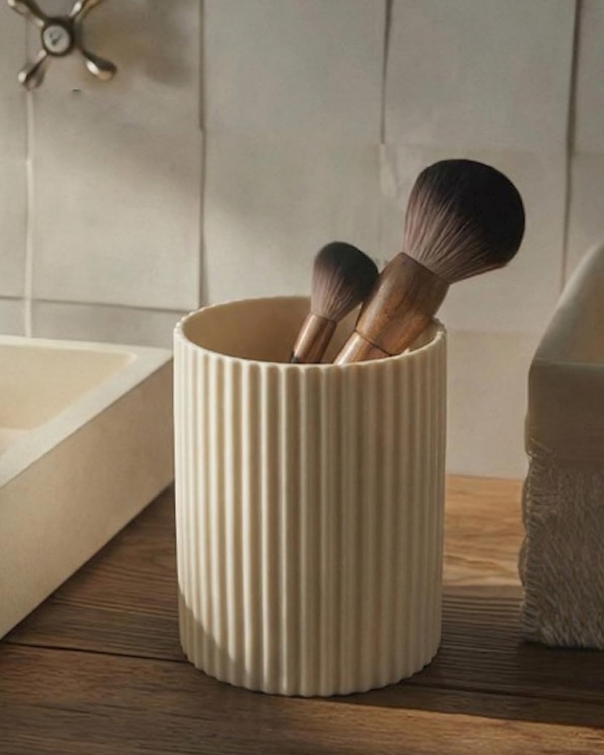 LezayXtra Ceramic Pen Holder for Desk, Ribbed Makeup Brush Organizer, Aesthetic Pencil Cup, Minimalist Desk Organizer, Office, Vanity, Aesthetic Desk Accessories