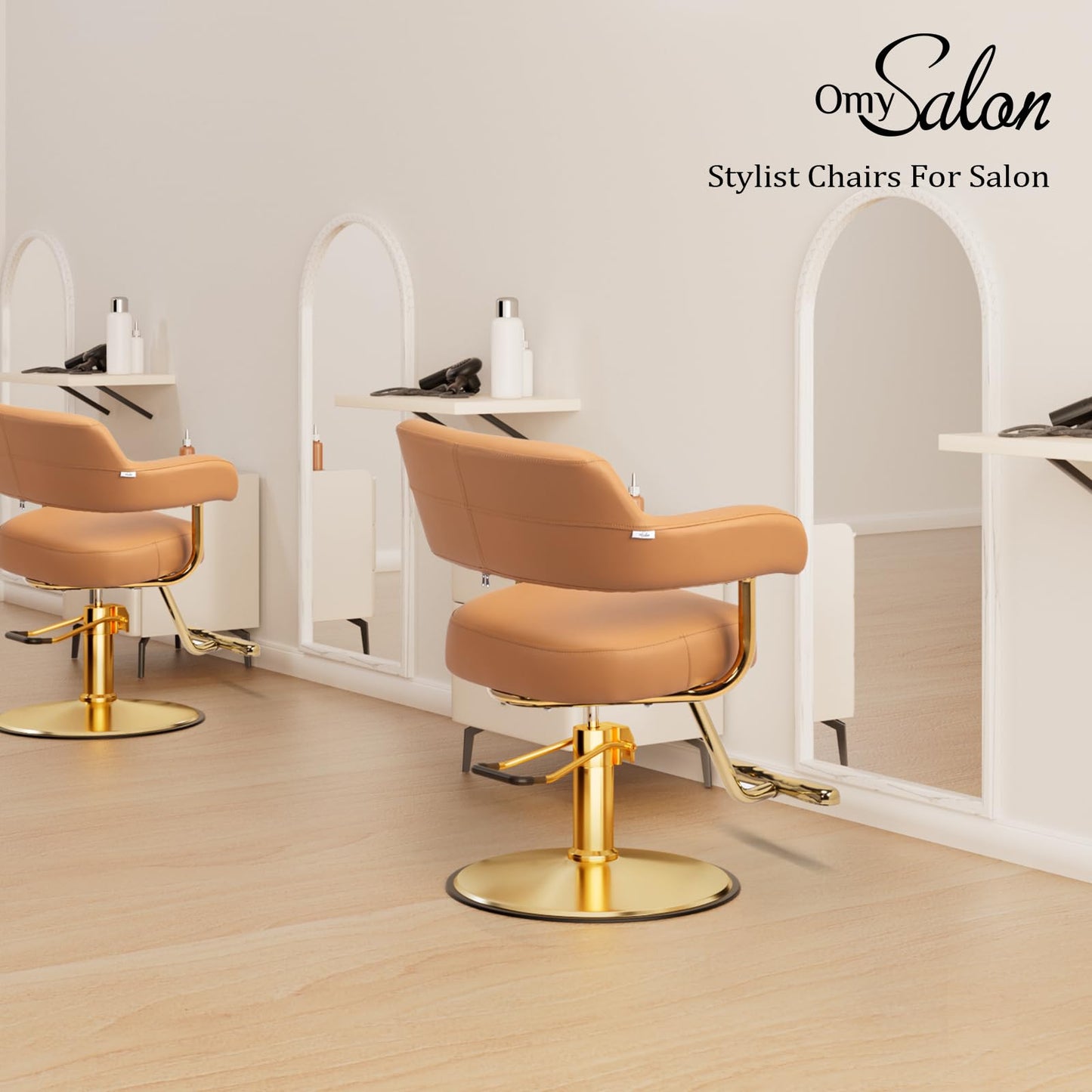 OmySalon Barber Chairs for Barbershop Brown and Gold Styling Chair, Salon Chair for Hair Stylist Heavy Duty Hydraulic Pump, 360°Swivel with Footrest, Hairdressing Home Beauty Spa Braiding Equipment