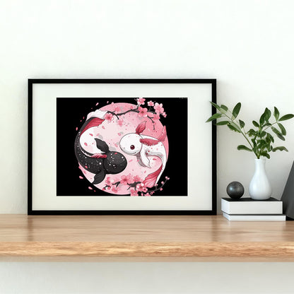 Cute Axolotl Yin and Yang Flowers Diamond Painting Kits for Adults 5D Diamond Art Kit DIY Round Full Drill Art Craft for Home Wall Decor 12x16 inch