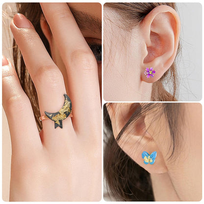DeryArcle 4 Pcs Stud Earring Resin Molds, Silicone Molds for Epoxy Resin, DIY Jewelry Making Kit with 100 Pcs Stud Earring Bases & 2 Ring Holders,Mini Star Love Butterfly Snowflake