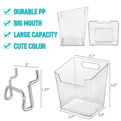 G.CORE Large Pegboard Cups Peg Board Storage Bin 6 Pack with Hooks, Square Box Shape Pegboard Cup Holder Accessories for Garage Workbench/Craft Room/Office/Playroom/Home Kitchen Organization (Clear)