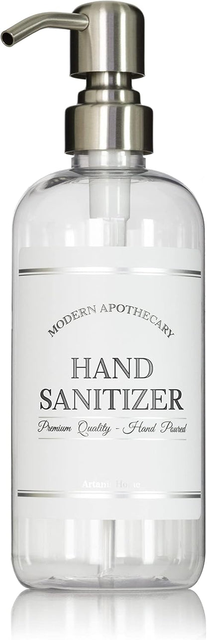 16 oz Refillable Clear PET Plastic Empty Hand Sanitizer Bottle with Stainless Steel Pump Dispenser - Chrome Accent