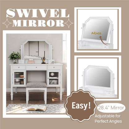 Merax Makeup Vanity Desk with Large Adjustable Mirror & Stool, Minimalist Dressing Table Set with 5 Drawers & 2 Cabinets, Space-Saving Beauty Station for Bedroom Salon Barber Store, White