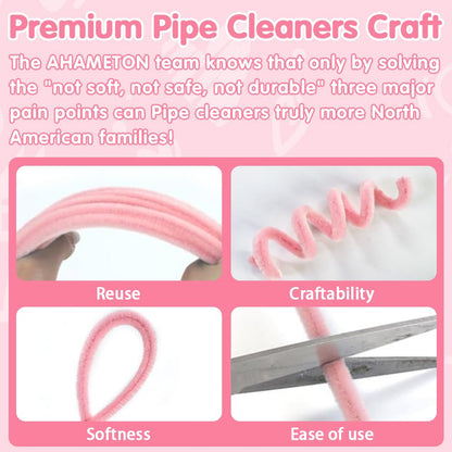 AHAMETON 620-Piece Pink Pipe Cleaner Craft Kit - 6 Pastel Shades Chenille Stems with Floral Wire for DIY Wedding Bouquets, Mother’s Day Gifts & Party Decorations