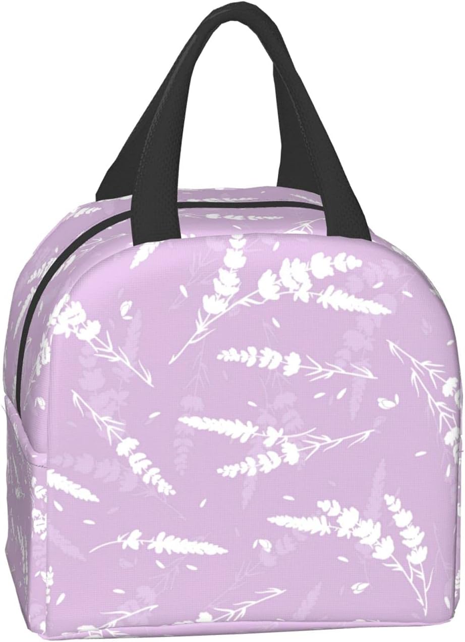 Reusable Lunch Box - Cute Lavender Flowers Light Purple Cooler Tote for Travel Picnic, Insulated Durable Shopping