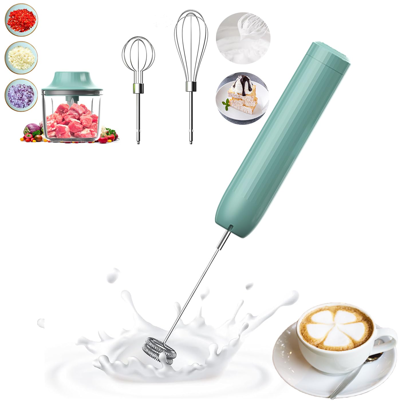 4-in-1 Electric Hand Mixer, Electric Whisk, Mini Onion Chopper 10Oz, Small Cordless Hand Blender, Milk Frother Wand for Coffee, Matcha, 4 Speed Rechargeable Food Processor for Baby Food Maker