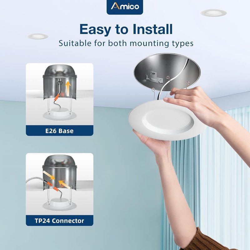 Amico 5/6 inch 5CCT LED Recessed Lighting 6 Pack, Dimmable, IC Rated, 12.5W=100W, 950LM Can Lights with Baffle Trim, 2700K/3000K/4000K/5000K/6000K Selectable, Retrofit Installation, ETL & FCC