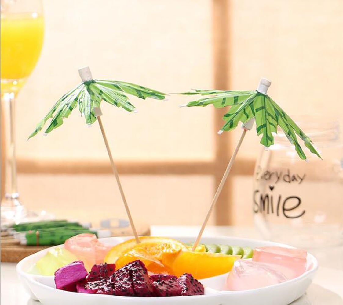 50 Pcs Green Tropical Coconut Palm Tree Paper Umbrellas Picks - Cocktail Parasols Cupcake Picks for Hawaiian Party