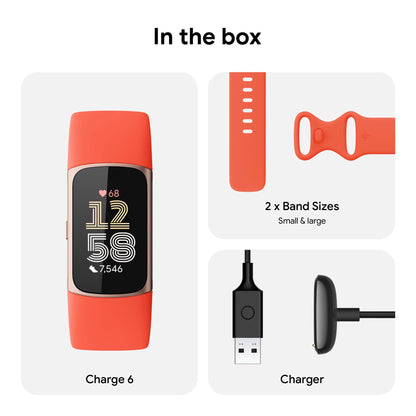 Fitbit Charge 6 Fitness Tracker with Google apps, Heart Rate on Exercise Equipment, 6-Months Premium Membership Included, GPS, Health Tools and More, Gold/Coral, One Size (S & L Bands Included)
