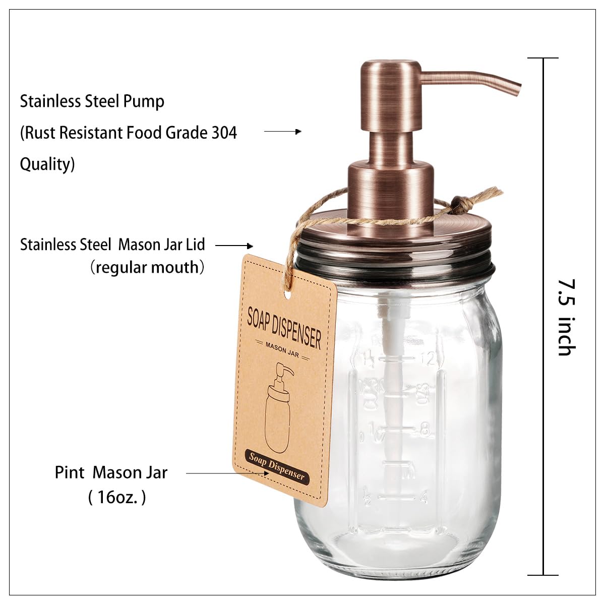 Amolliar Mason Jar Liquid Soap Dispenser, 16OZ Glass Countertop Lotion Dispenser Bottle, Farmhouse Decor for Kitchen, Bathroom, Refillable Dispenser for Hand Soap, Dish Soap, Lotion Soap, Copper 2Pack