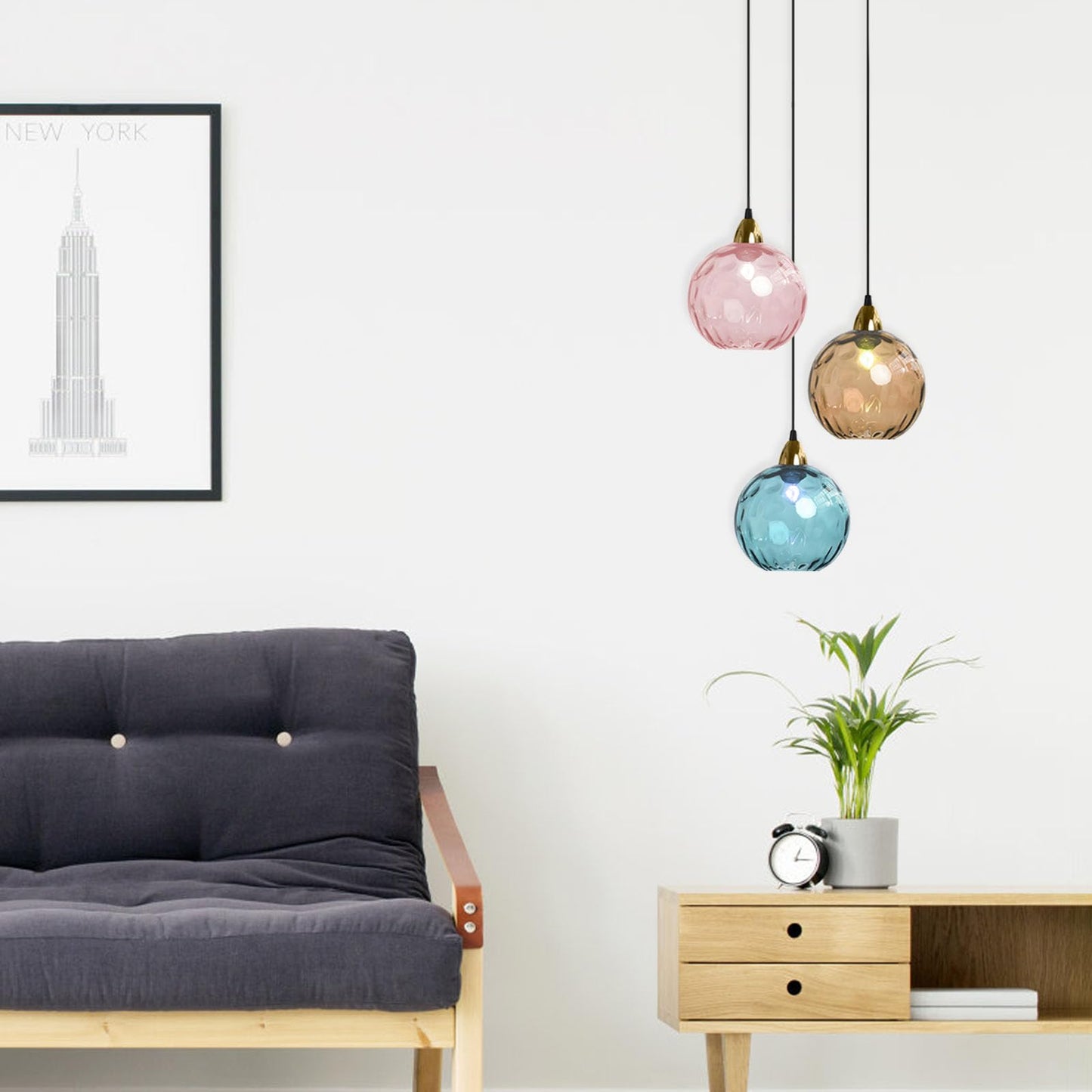 XIRYTU-H 20cm/7.9’’ Industrial Vintage Spherical Glass Pendant Light, E26 Ceiling Hanging Lamp, Gold Finish & Ripple Glass Globe Shade, Dining Room Bedroom Chandelier (Azure Blue)