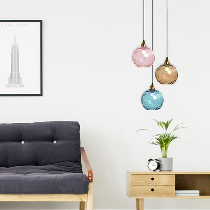 XIRYTU-H 20cm/7.9’’ Industrial Vintage Spherical Glass Pendant Light, E26 Ceiling Hanging Lamp, Gold Finish & Ripple Glass Globe Shade, Dining Room Bedroom Chandelier (Azure Blue)