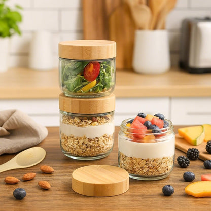 12 Pack 10oz TBWIND Glass Jars with Bamboo Lids, Spoons, Airtight Overnight Oats Containers, Salad & Yogurt Storage