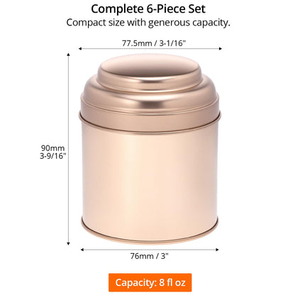 QWORK Tea Tin Canisters with Airtight Double Lids, 8 fl oz Each, 6 Pack Metal Containers, Mini Tea Storage Containers for Loose Leaf Tea, Tea Bags, Coffee, Sugar, Spices, Rosegold