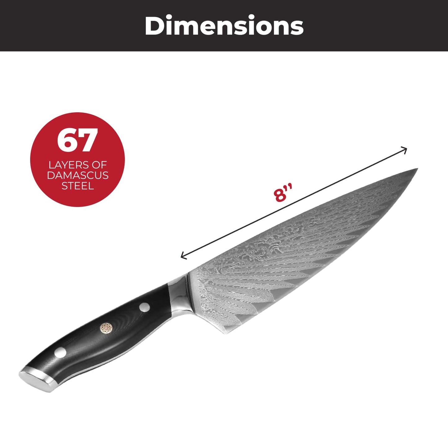 Master Maison 8" Damascus Steel Chef Knife: Full-Tang Black Handle with Japanese Mosaic Rivet, AUS-10 Ultra-Sharp Stainless Steel Japanese Chef Knife, Damascus Chef Knife, Wooden Storage Box & Extras