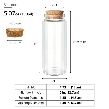 150ml / 5.07 oz. 4pcs Small Glass Bottle with Cork Lids, Potion Bottles, Decorative Jars, Memory Jar, Magic Spell Jars Vials, Sand art Bottles for Art Paint Display DIY Decoration Gift Party Favors