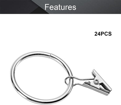 MroMax 24Pcs Silver Curtain Clip Rings with Hooks for Window Curtain Rods, 1.5" Inner Diameter
