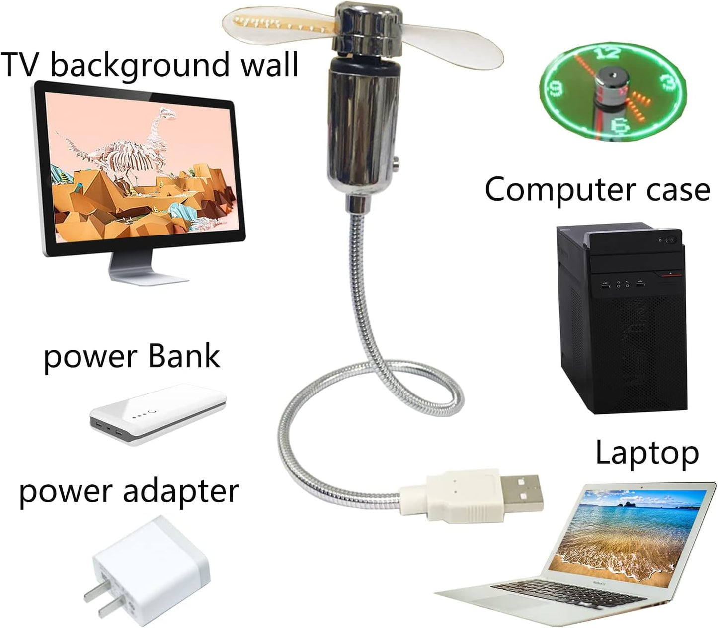 All-New USB LED Clock Fan, Mini Real Time Clock Display Function, Creative Portable Gift with Adjustable Safety