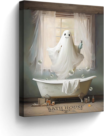 Funny Ghost Bathroom Canvas Wall Art - White Ghost Picture for Farmhouse Bathroom Decor, Framed 12"x16"